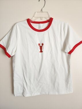 White Ringer Tee with Red Lobster Embroidery